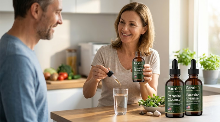 ParaMD Parasite Cleanse herbal drops being used in a kitchen